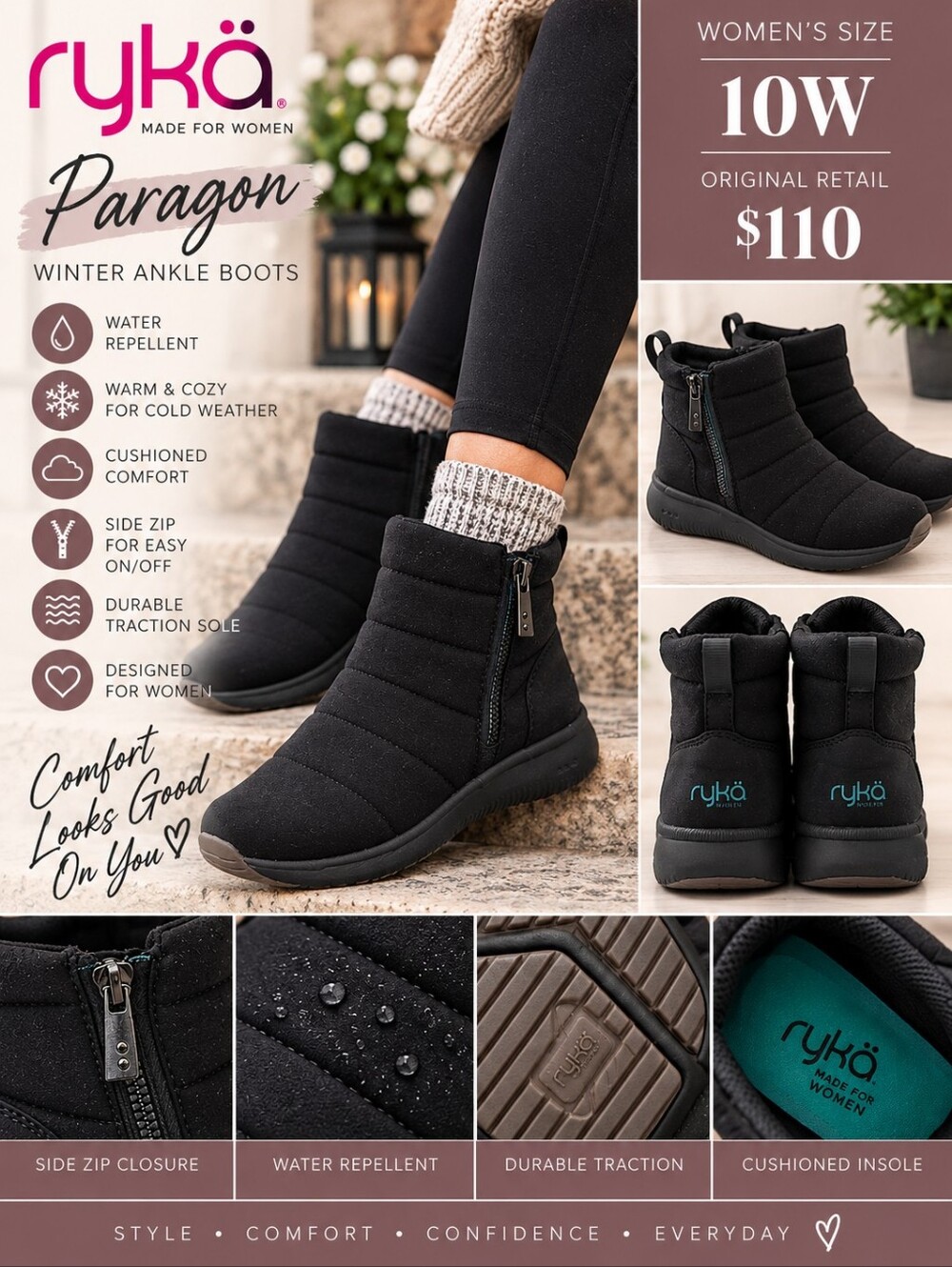 Ryka Paragon Black Water Repellent Side Zip Boots Women’s 10W NWT